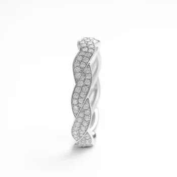 Side profile of white gold twisted eternity band featuring pave lab-grown diamonds in a braided pattern