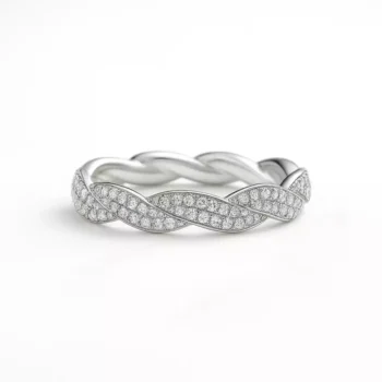 White gold braided diamond eternity band with intertwined pave setting, lab-grown diamonds in polished finish