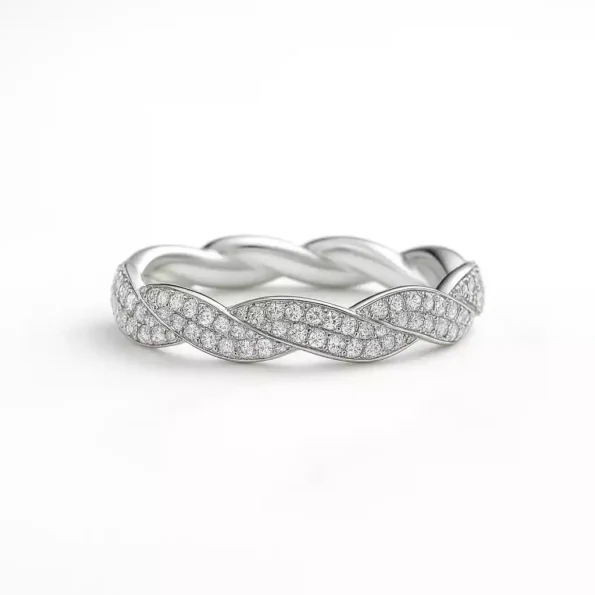 White gold braided diamond eternity band with intertwined pave setting, lab-grown diamonds in polished finish