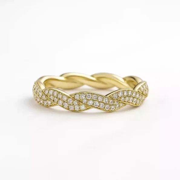 Yellow gold braided diamond band with lab-grown pave diamonds in a twisted eternity style