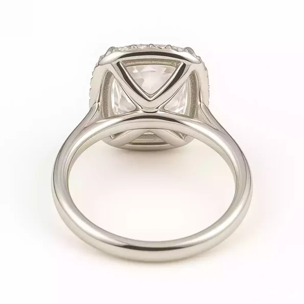 Back view of cushion halo diamond ring with open gallery and white gold setting