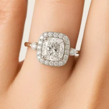 Cushion cut lab diamond halo ring with round side stones on woman's hand – elegant bridal jewelry