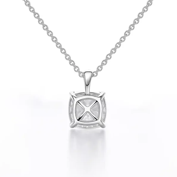 Back view of cushion cut lab-grown diamond pendant in four-prong white gold setting