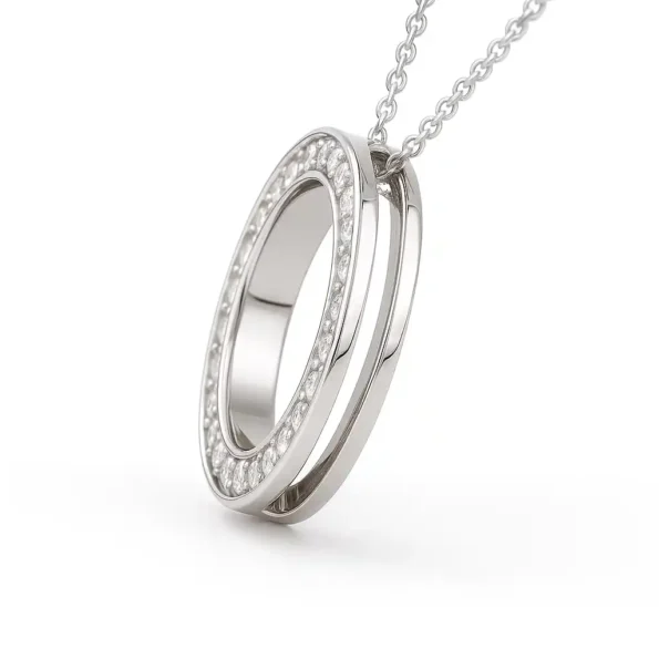 Side view of double-layer circle diamond pendant necklace in white gold