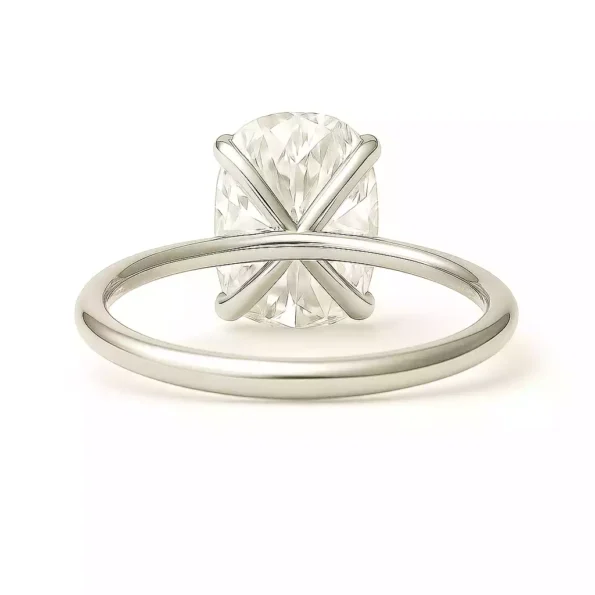 Back view of elongated cushion solitaire lab diamond ring in white gold with crossover prongs