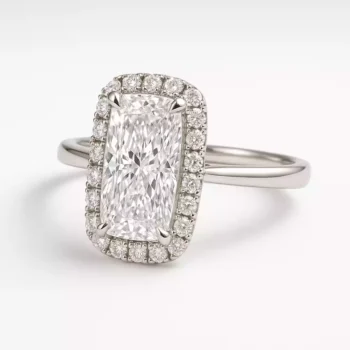 Elongated cushion cut lab-grown diamond halo engagement ring in white gold – front angle with pavé setting