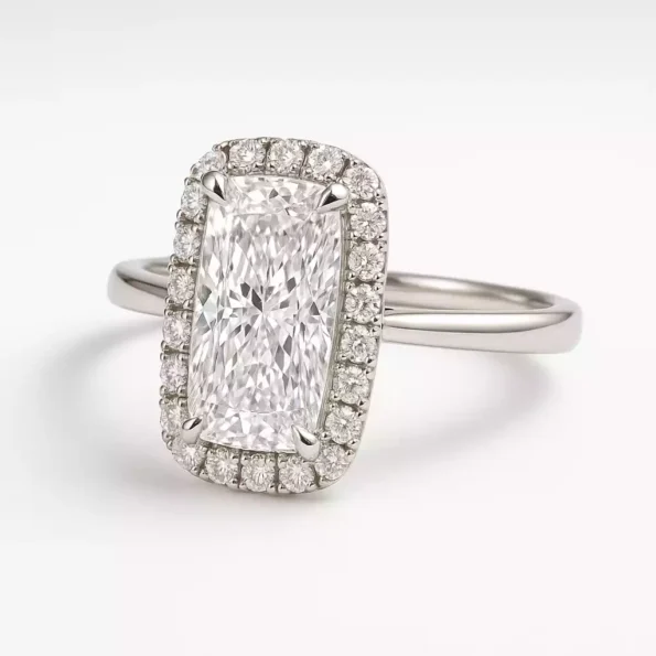 Elongated cushion cut lab-grown diamond halo engagement ring in white gold – front angle with pavé setting
