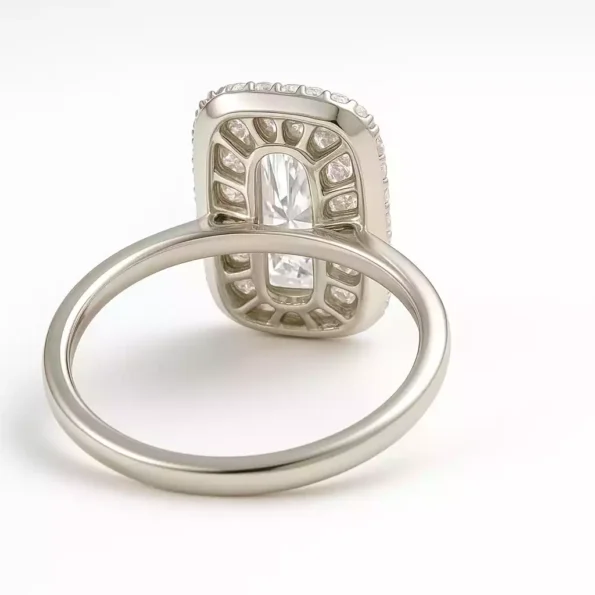 Back view of elongated cushion cut lab-grown diamond halo ring with open basket and pavé gallery