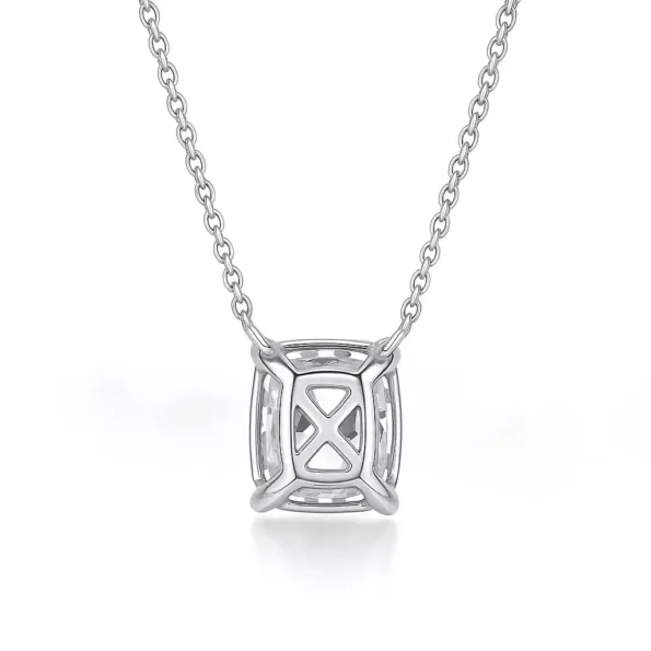 Backside of elongated cushion cut diamond pendant with open cross-prong gallery in 10K white gold