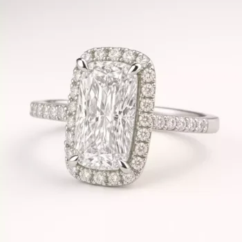 Elongated cushion cut halo lab grown diamond engagement ring in white gold – front angle