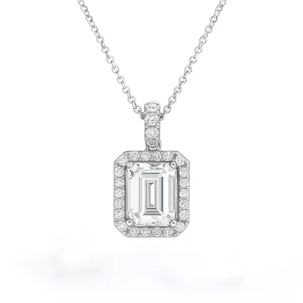 Emerald cut lab grown diamond halo pendant necklace in white gold with prong diamond frame