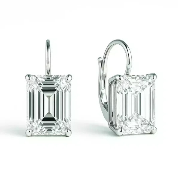 Pair of emerald cut lab-grown diamond drop earrings with leverback closure in white gold