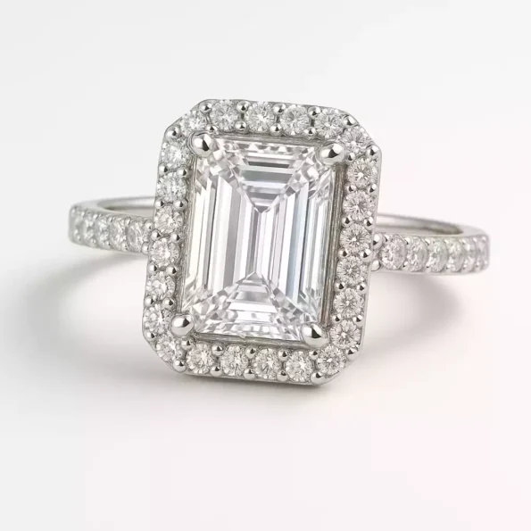 Emerald cut lab grown diamond engagement ring with halo setting in white gold
