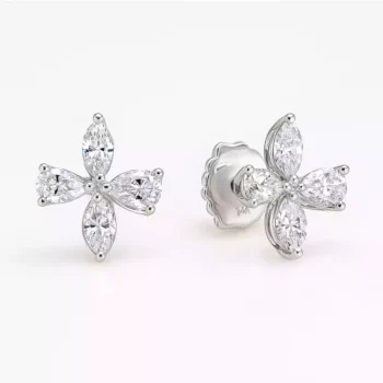 Four petal flower-shaped diamond earrings with marquise and pear cut diamonds in 14k white gold setting – front and angled view