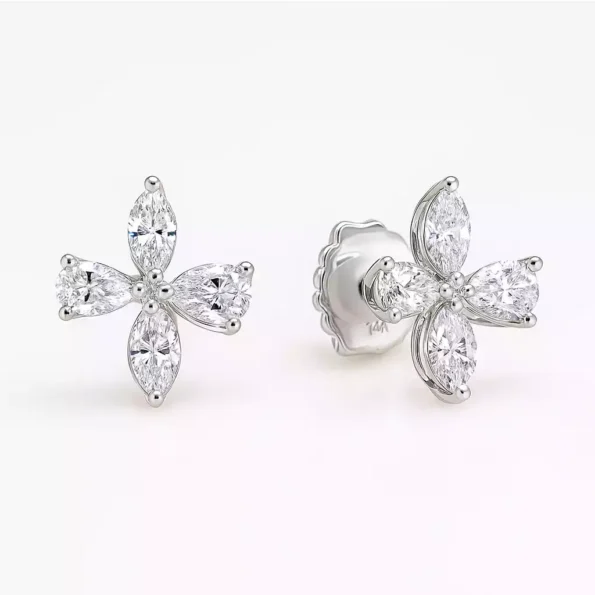 Four petal flower-shaped diamond earrings with marquise and pear cut diamonds in 14k white gold setting – front and angled view