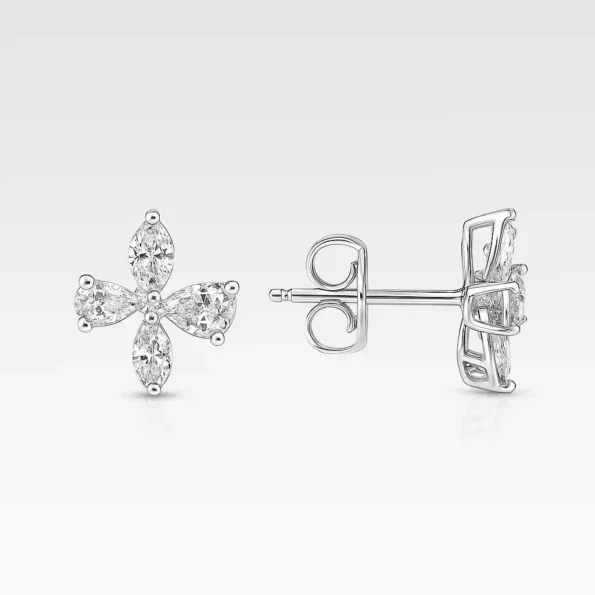 Floral diamond stud earrings with marquise and pear-shaped stones in a white gold setting with butterfly backs – side and front view