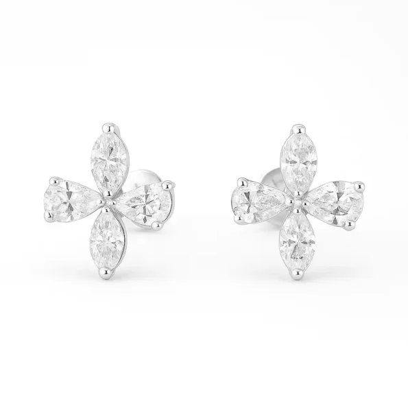 White gold flower stud earrings featuring lab-grown marquise and pear-shaped diamonds arranged in petal design – front display