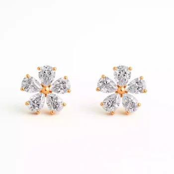 Flower-shaped diamond stud earrings with pear-cut diamonds in rose gold setting – front view