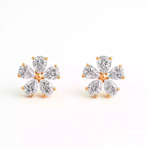 Flower-shaped diamond stud earrings with pear-cut diamonds in rose gold setting – front view