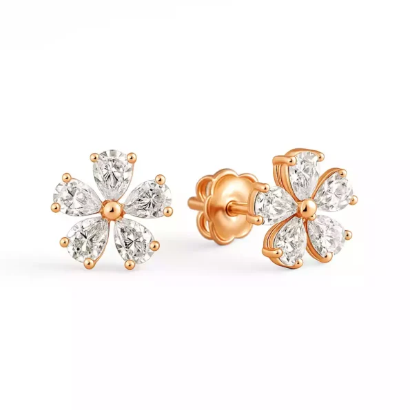 Five-petal floral diamond earrings in 18K rose gold with pear-shaped stones – angled side and back view