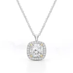 Cushion cut lab-grown diamond halo pendant with yellow gold prongs in white gold chain