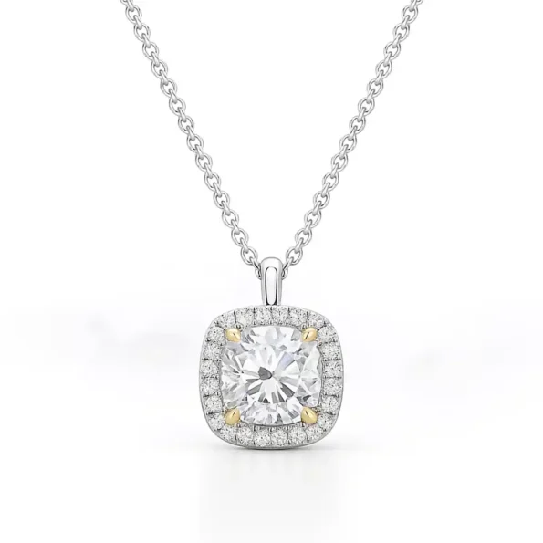 Cushion cut lab-grown diamond halo pendant with yellow gold prongs in white gold chain