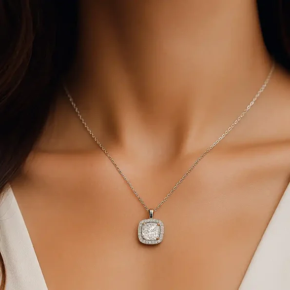 Cushion halo lab diamond necklace worn on model – elegant bridal jewelry look