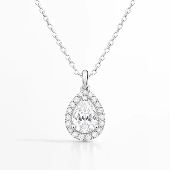Pear-shaped halo lab diamond pendant necklace in white gold – front view
