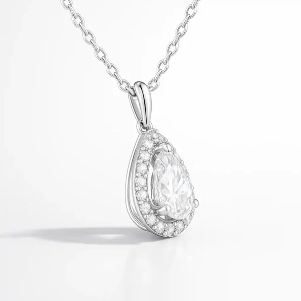 Side view of pear-shaped halo diamond pendant necklace in white gold