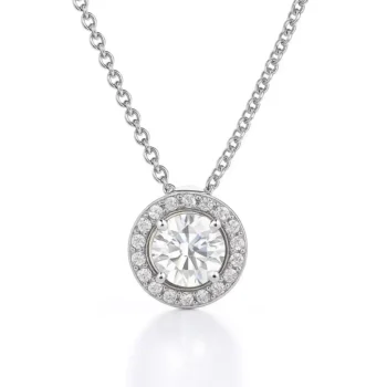 Round halo lab-grown diamond pendant necklace in white gold on plain background – close-up product view