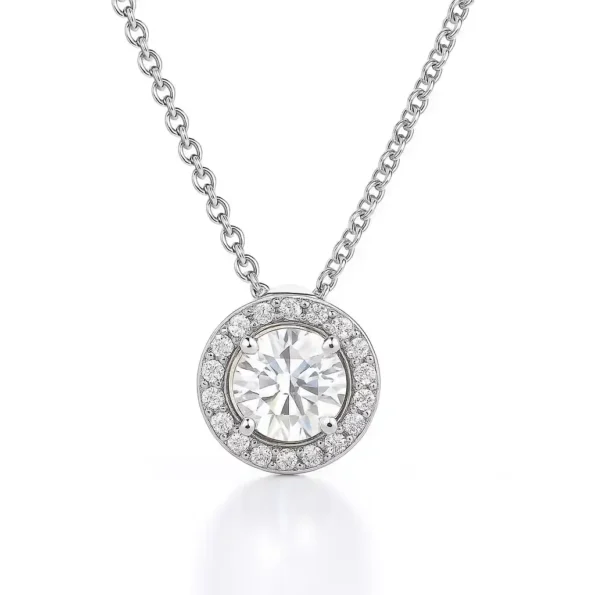 Round halo lab-grown diamond pendant necklace in white gold on plain background – close-up product view