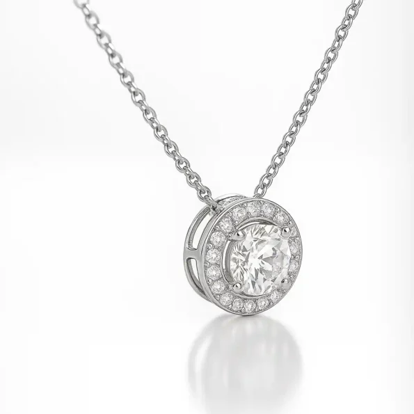 Side angle view of round cut lab diamond halo pendant in white gold with prong setting – high clarity brilliance and depth