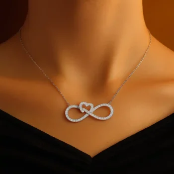 Infinity heart pendant necklace with white lab diamonds worn by woman – neckline view