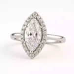 Marquise cut lab-grown diamond halo engagement ring in white gold – front view with pavé setting