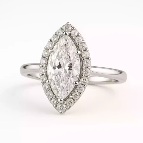 Marquise cut lab-grown diamond halo engagement ring in white gold – front view with pavé setting