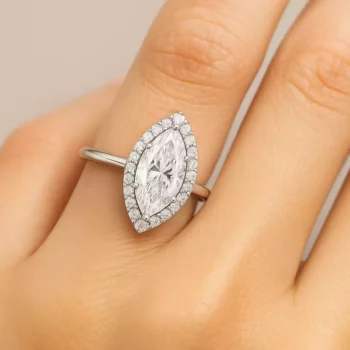Elegant marquise halo diamond ring worn on hand – lab-created diamond set in slim white gold band