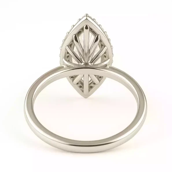 Back of marquise cut lab-grown diamond halo ring – intricate open gallery in white gold setting