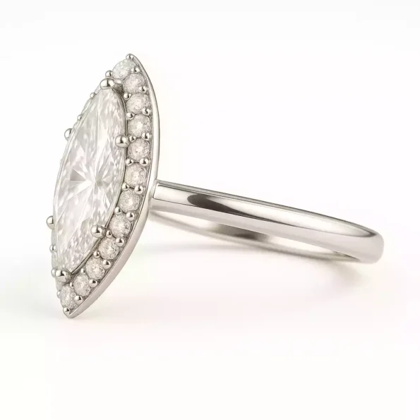 Side profile of marquise halo diamond ring – raised lab-grown center with white gold pavé halo