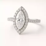 Marquise cut lab-grown diamond halo engagement ring with pave band in white gold – front angle