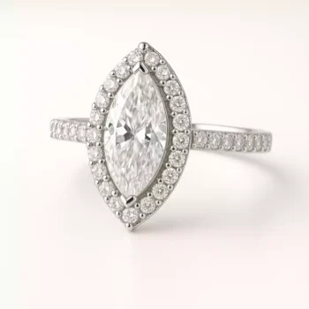 Marquise cut lab-grown diamond halo engagement ring with pave band in white gold – front angle
