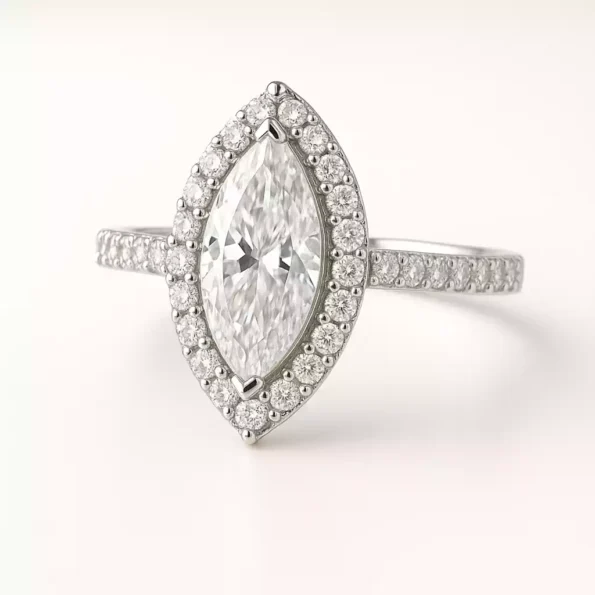 Marquise cut lab-grown diamond halo engagement ring with pave band in white gold – front angle