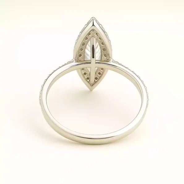Underside view of marquise cut lab diamond halo ring with hidden gallery in white gold