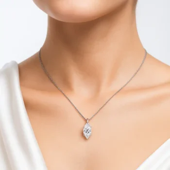 Classic marquise cut diamond necklace on model, white gold chain
