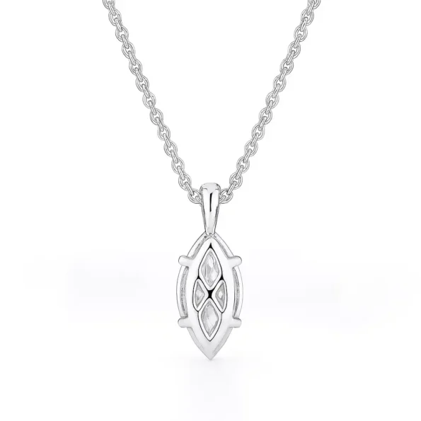 Backside of marquise cut diamond pendant in secure white gold setting
