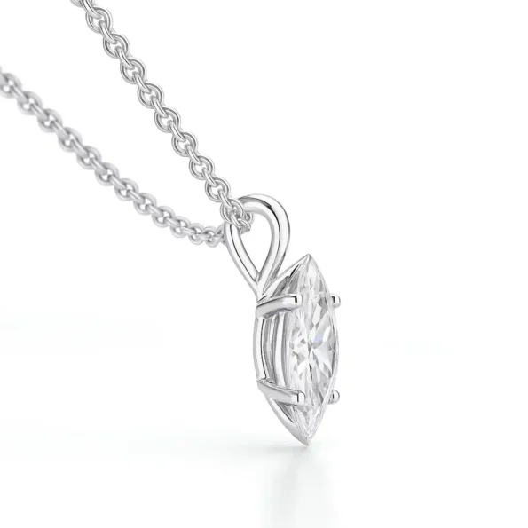 Side profile of marquise cut diamond pendant with white gold prong setting