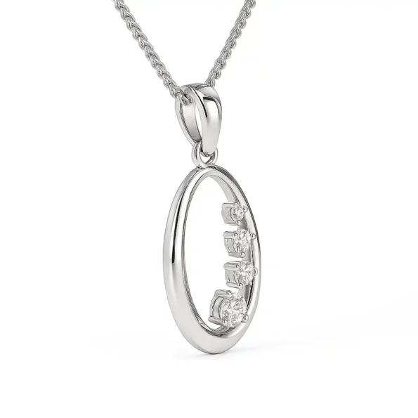 Side angle of oval-shaped journey necklace with prong-set round lab-grown diamonds in white gold