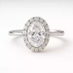 Oval cut lab-grown diamond halo engagement ring in 18K white gold - front view