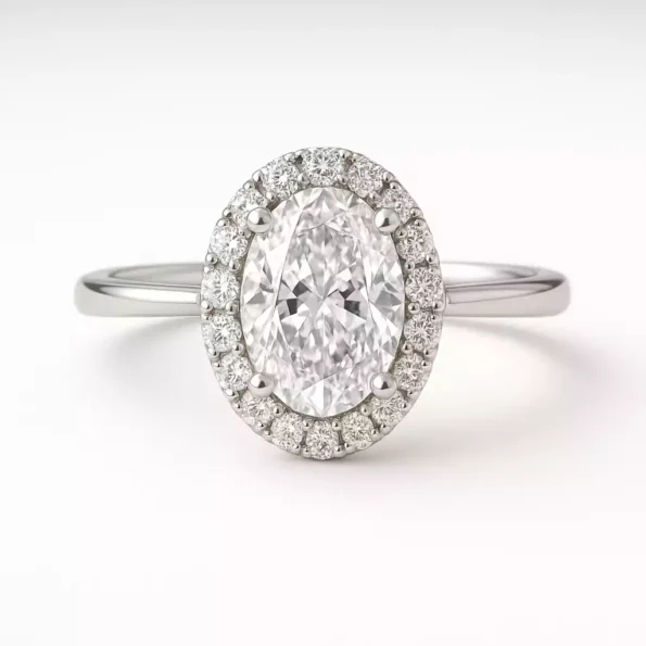 Oval cut lab-grown diamond halo engagement ring in 18K white gold - front view