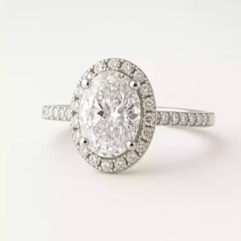 Oval cut lab-grown diamond halo engagement ring in 18K white gold with pave band – front view