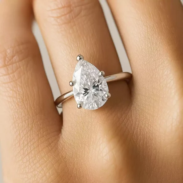 Pear cut lab diamond engagement ring on woman’s hand – classic white gold solitaire look